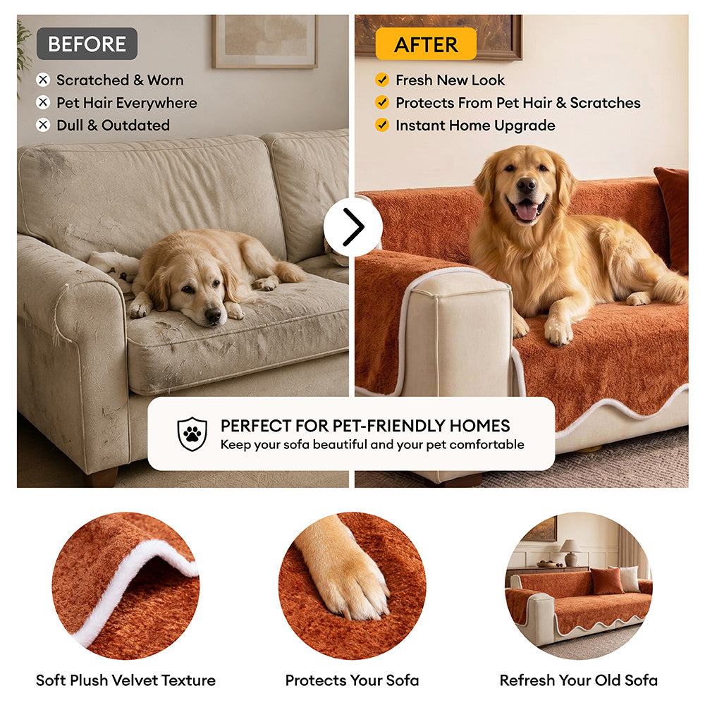 Waterproof Plush Velvet Contrast Wavy Edge Couch Cover