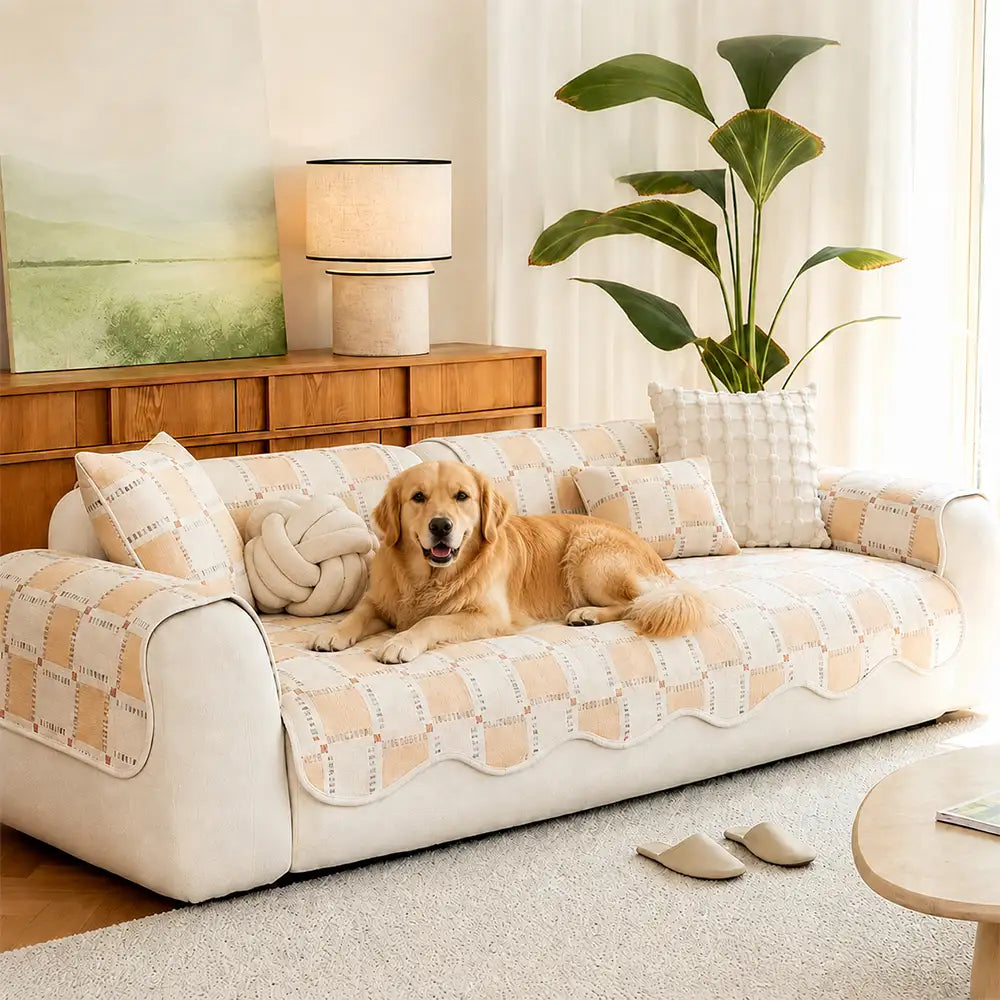 Color-Block Plaid Chenille Anti-Scratch Non-Slip Couch Cover