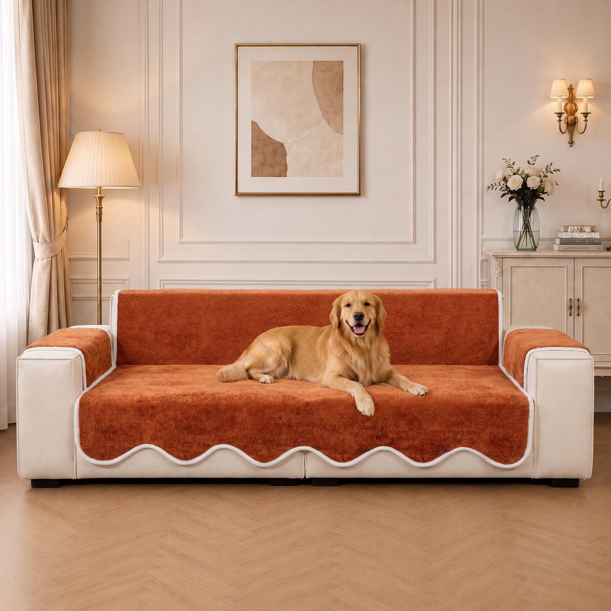 Waterproof Plush Velvet Contrast Wavy Edge Couch Cover