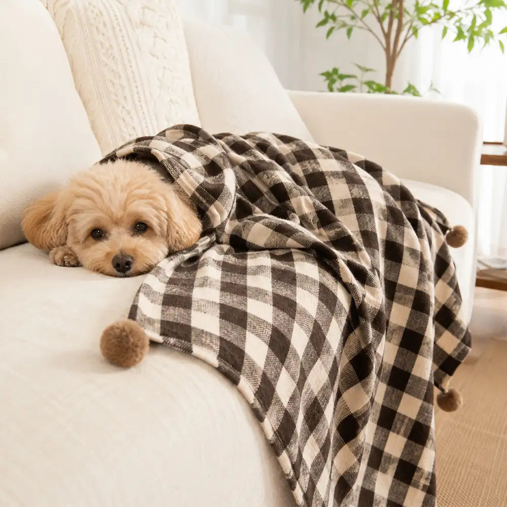 Cozy Reversible Plaid Plush Pet Throw Blanket with Pom-Poms