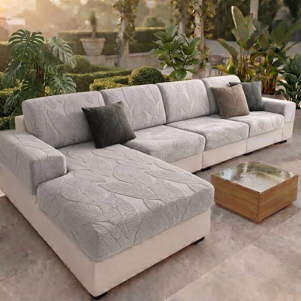 Modern Leaf Jacquard Water-Repellent Anti-Scratch Stretch Full Wrap Outdoor Couch Cover