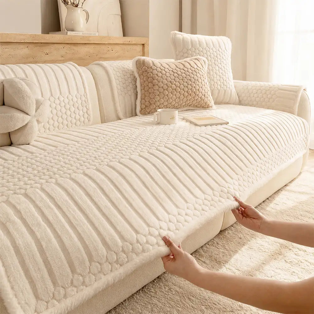 Striped & Bubble-Textured Plush Non-Slip Couch Cover