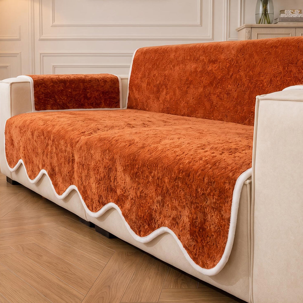 Waterproof Plush Velvet Contrast Wavy Edge Couch Cover