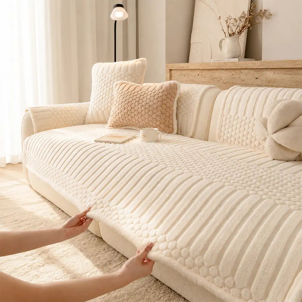 Striped & Bubble-Textured Plush Non-Slip Couch Cover