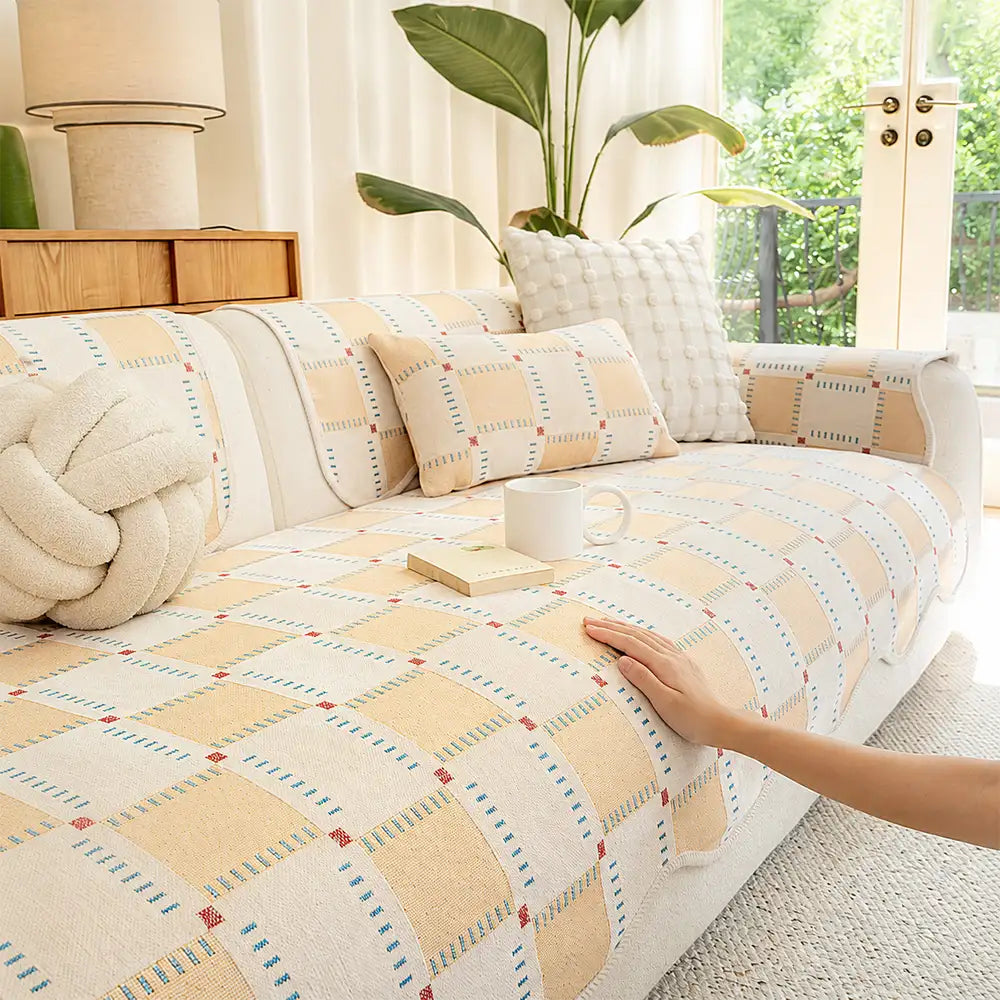 Color-Block Plaid Chenille Anti-Scratch Non-Slip Couch Cover