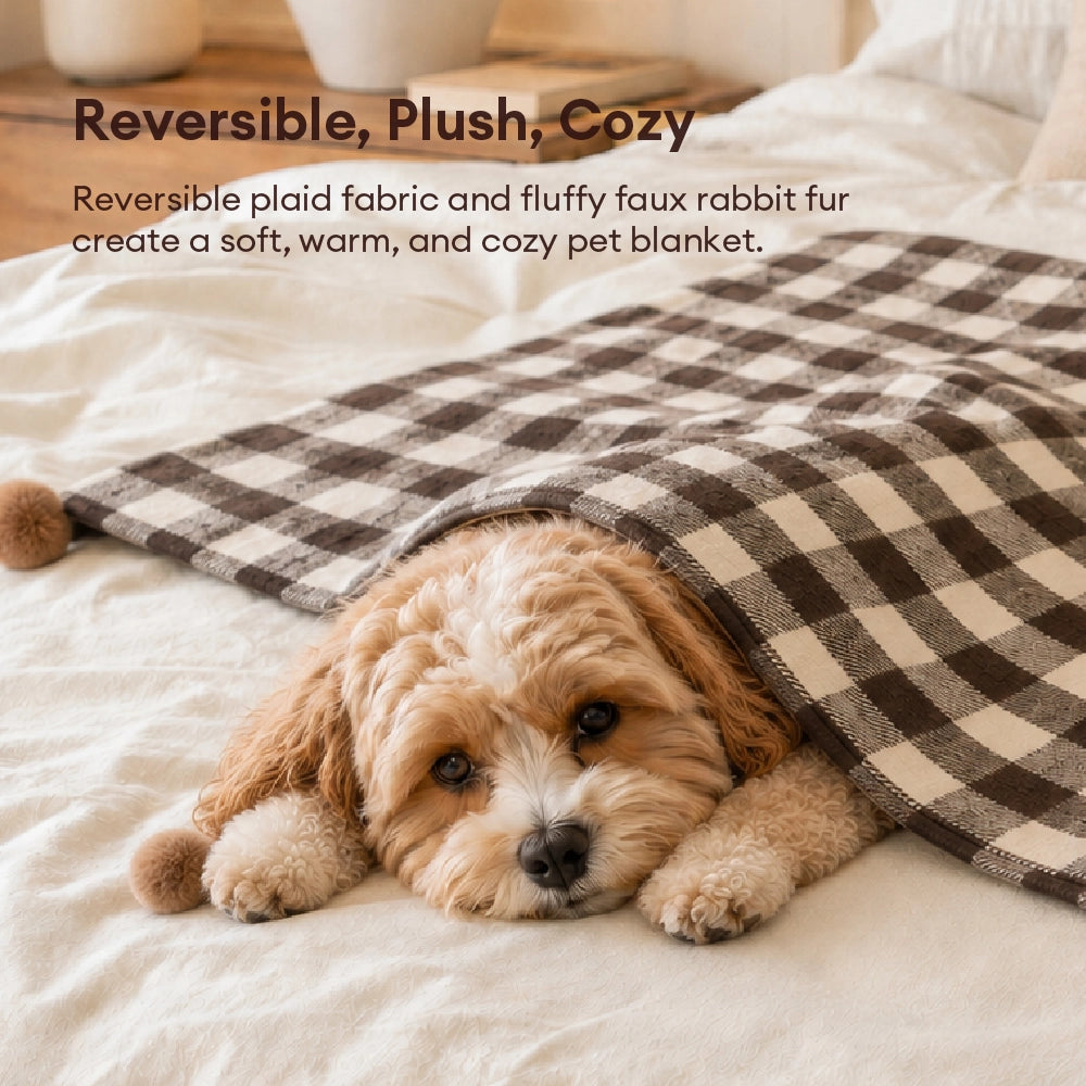 Cozy Reversible Plaid Plush Pet Throw Blanket with Pom-Poms