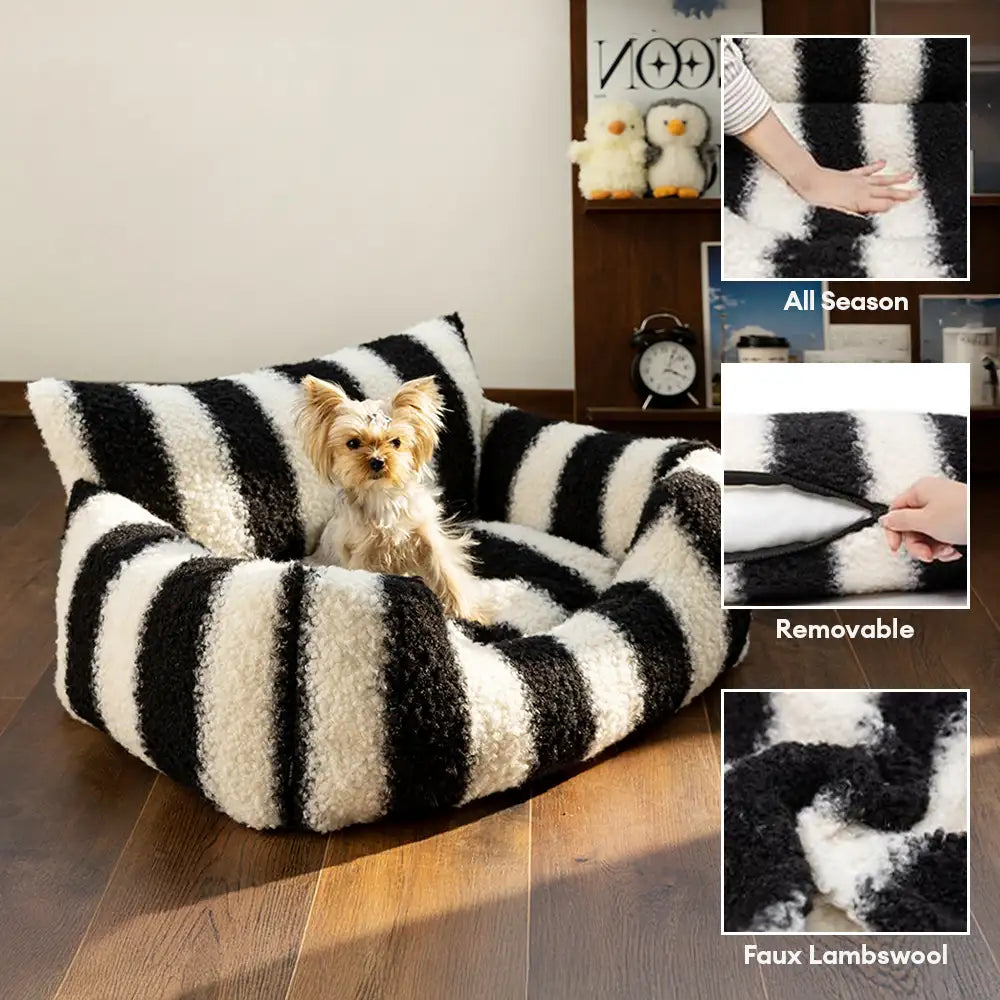 Black & White Stripe Faux Lambs Wool Soft Dog & Cat Sofa Bed - Winter Piano Keys