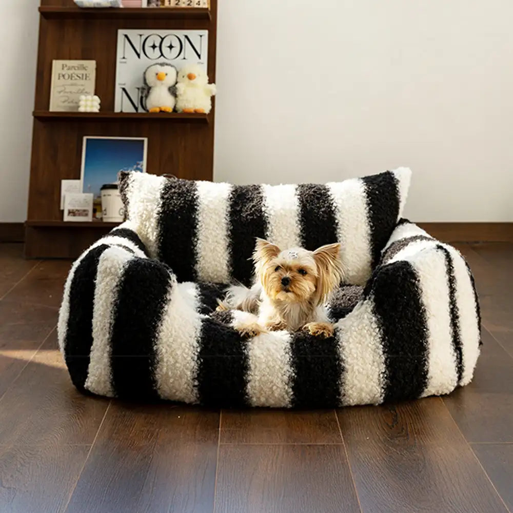 Black & White Stripe Faux Lambs Wool Soft Dog & Cat Sofa Bed - Winter Piano Keys