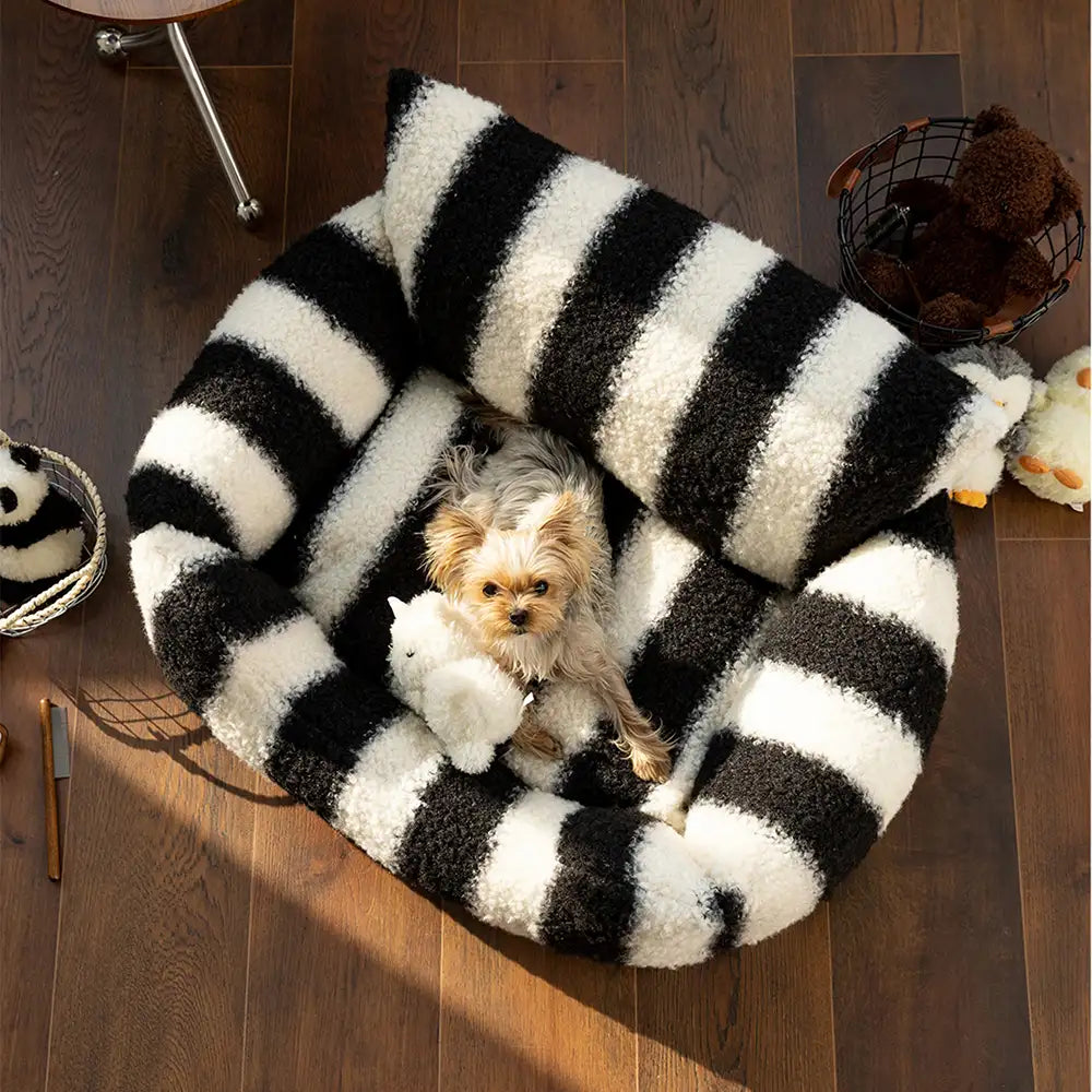 Black & White Stripe Faux Lambs Wool Soft Dog & Cat Sofa Bed - Winter Piano Keys