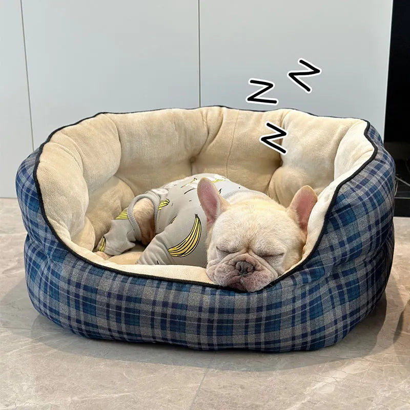 Cama aconchegante para animais de estimação xadrez azul Cama calmante para cães