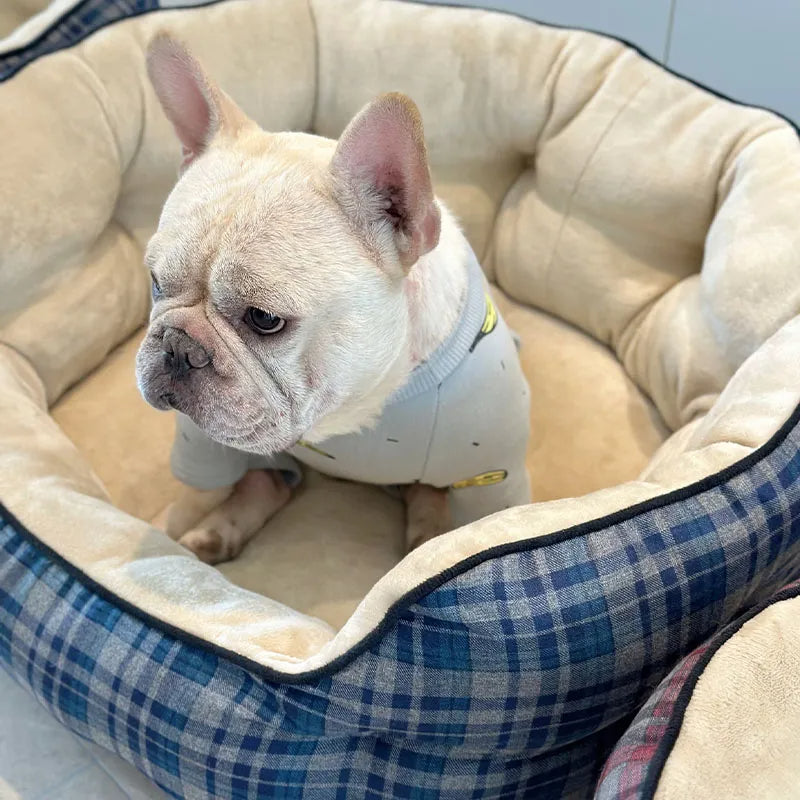 Cama aconchegante para animais de estimação xadrez azul Cama calmante para cães