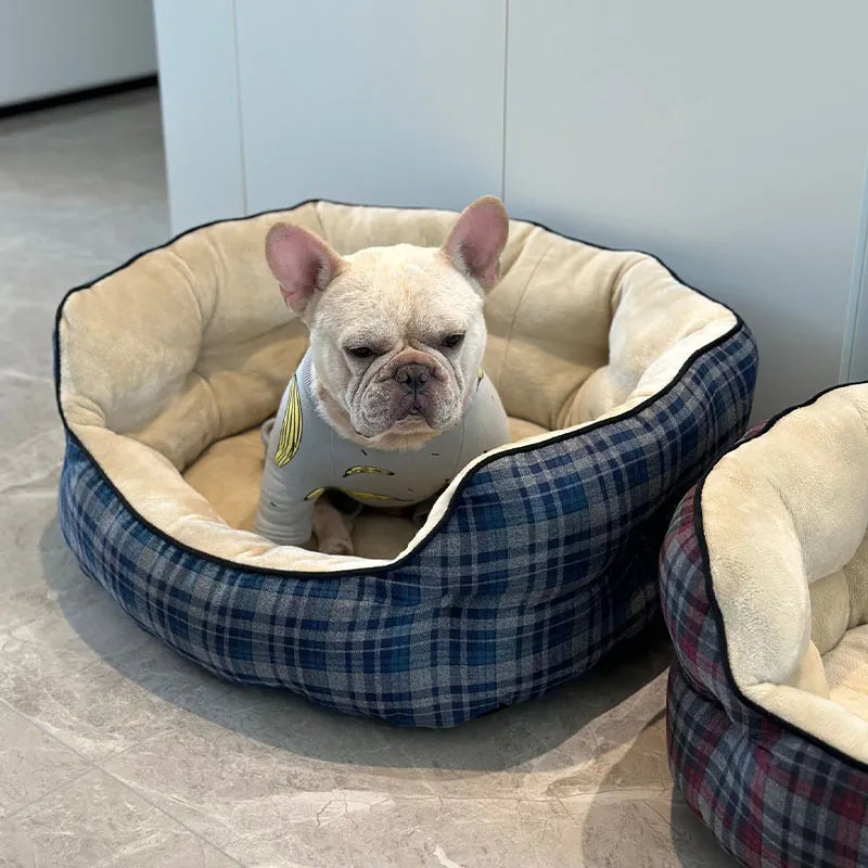 Cama aconchegante para animais de estimação xadrez azul Cama calmante para cães