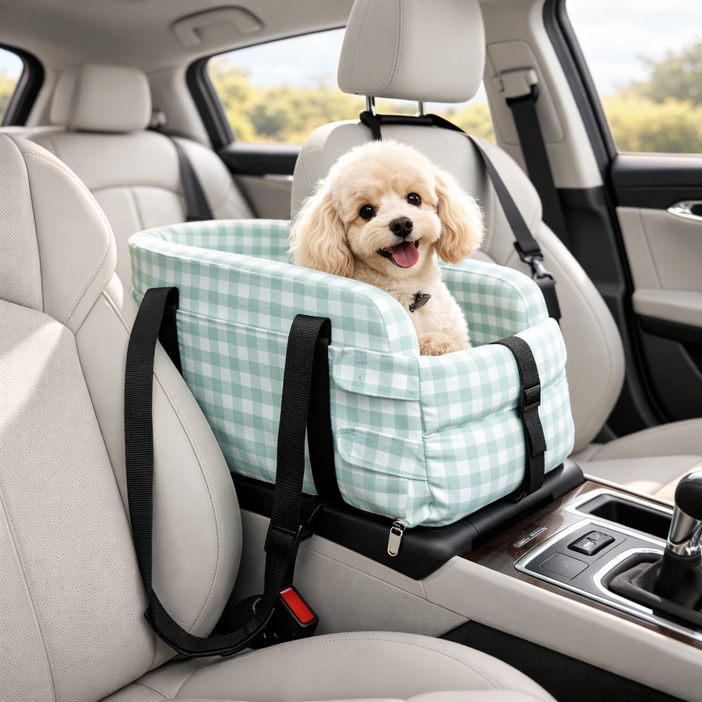 Stylish Plaid Portable Travel Dog Car Safety Seat Central Console