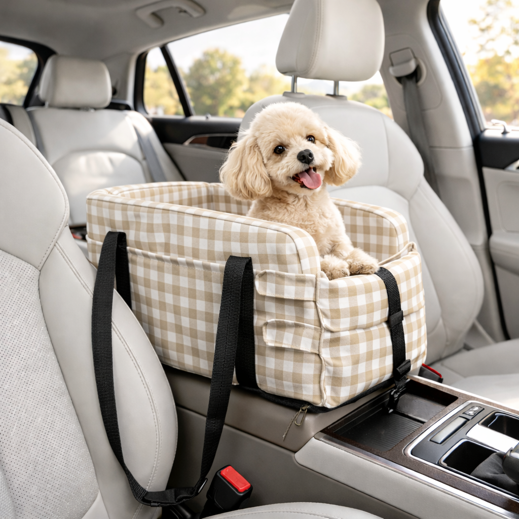 Stylish Plaid Portable Travel Dog Car Safety Seat Central Console