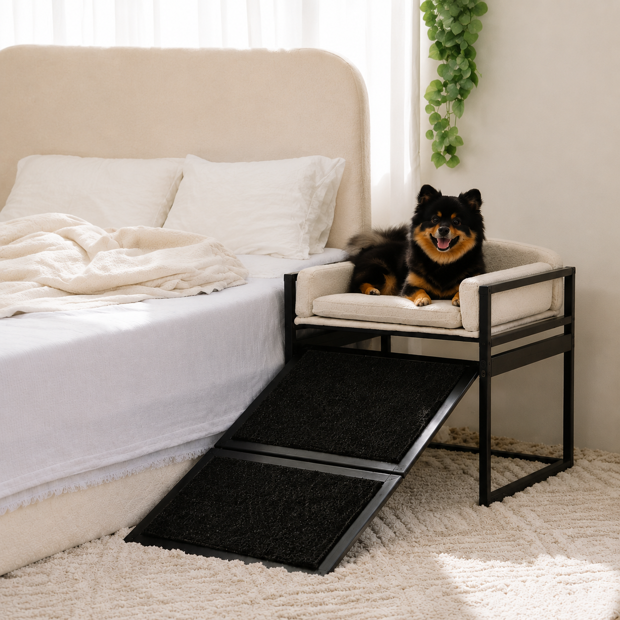 Elevated Pet Sofa Bed with Stairs Ramp for Bedside Lounge or Dog Window Perch