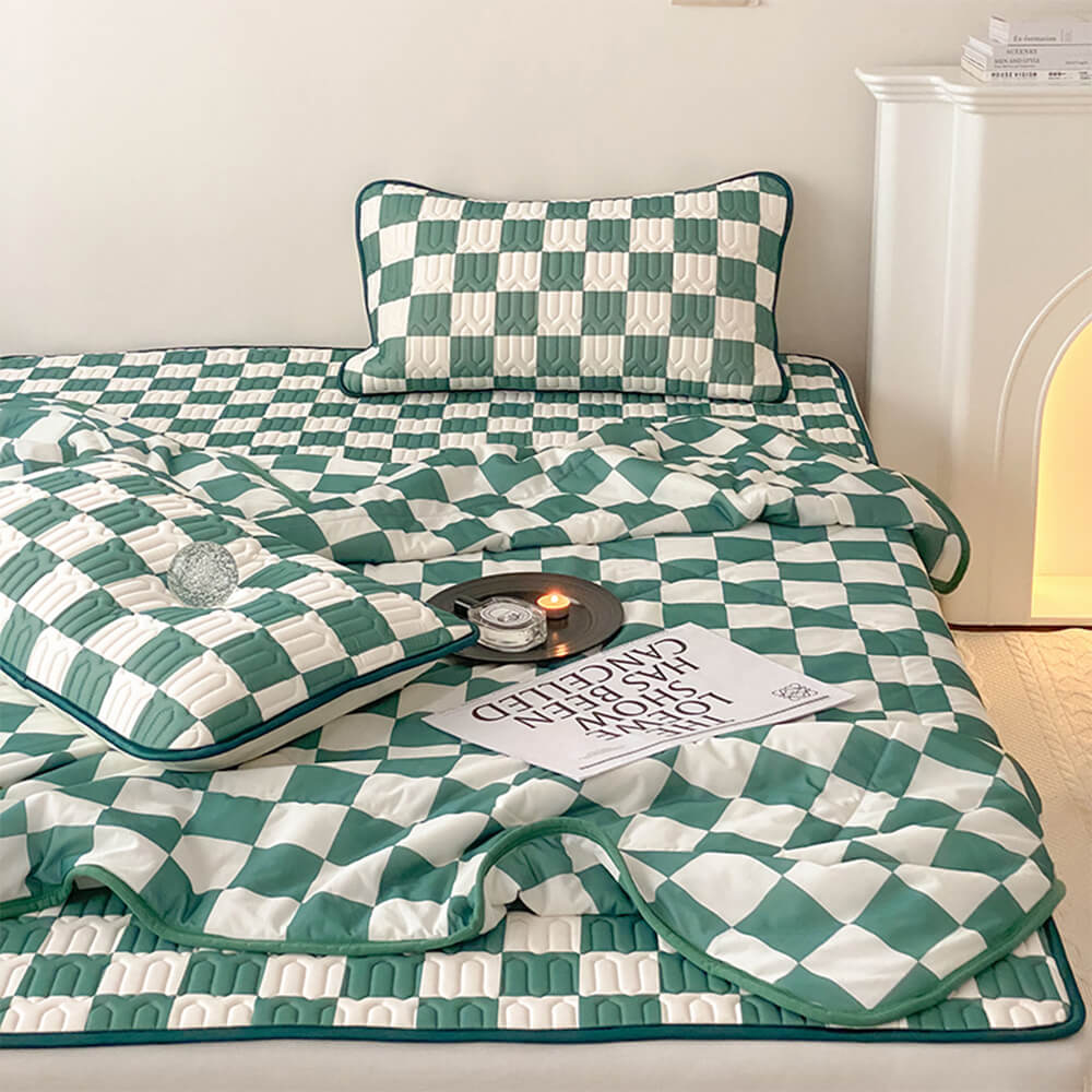 Checkerboard Latex Ice Silk Bedding Mattress & Shams 3 Piece Set