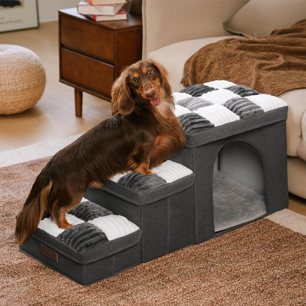 Funnyfuzzy Chessboard Plaid Handcrafted Dog Stairs with Storage Multifunctional and Foldable Grey 3 Step with Condo