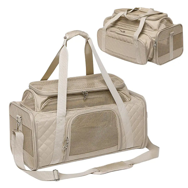 Classic Diamond Pattern Portable Large-Capacity Expandable Pet Carrier Bag