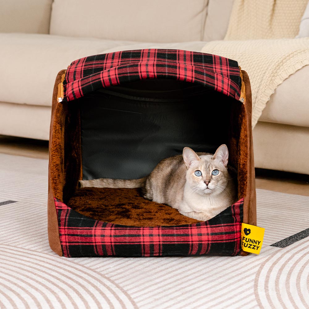 Classical Plaid House Orthopedic Cat Bed - Retreat Cabin