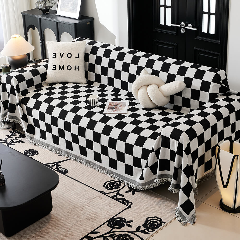 Color Block Checkerboard Fringe Trim Sofa Blanket Couch Cover