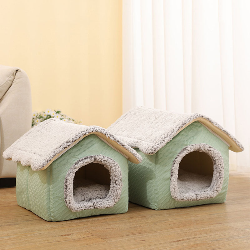 Casa aconchegante para gatos fechada em lã sherpa e cama quadrada para cachorro