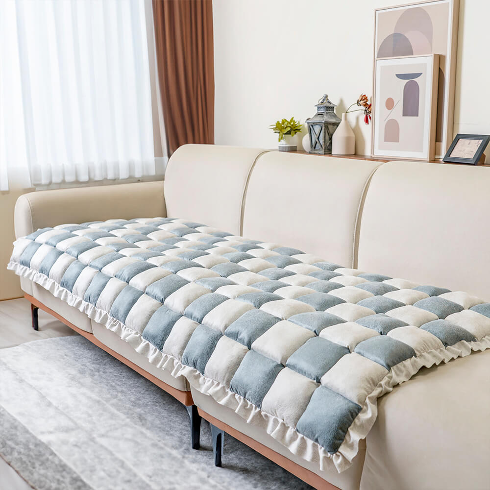 Cremefarbener, großer, quadratischer, flauschiger Hundematten-Bettbezug mit Karomuster