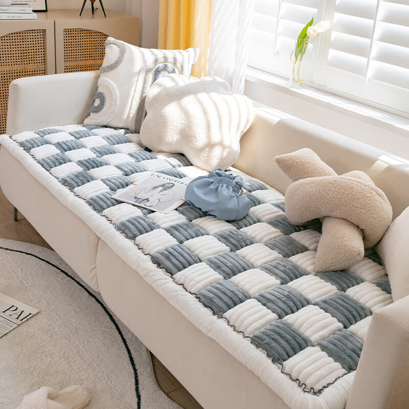 Cremefarbener, großer, quadratischer, flauschiger Haustiermatten-Bettbezug mit Karomuster