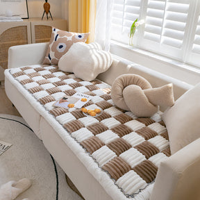Grand lit carré pour animaux de compagnie à carreaux de couleur crème