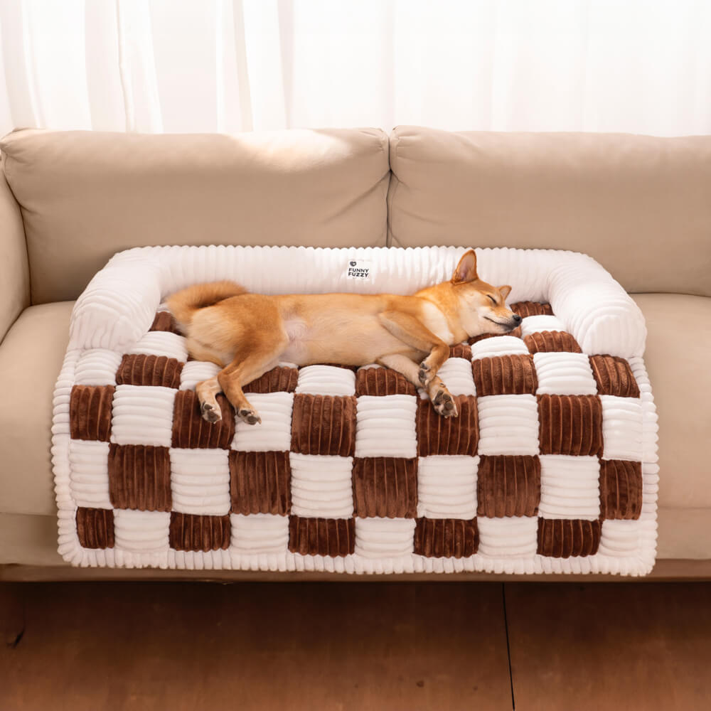 Cream Square Plaid Cozy Dog Mat Furniture Protector Cover