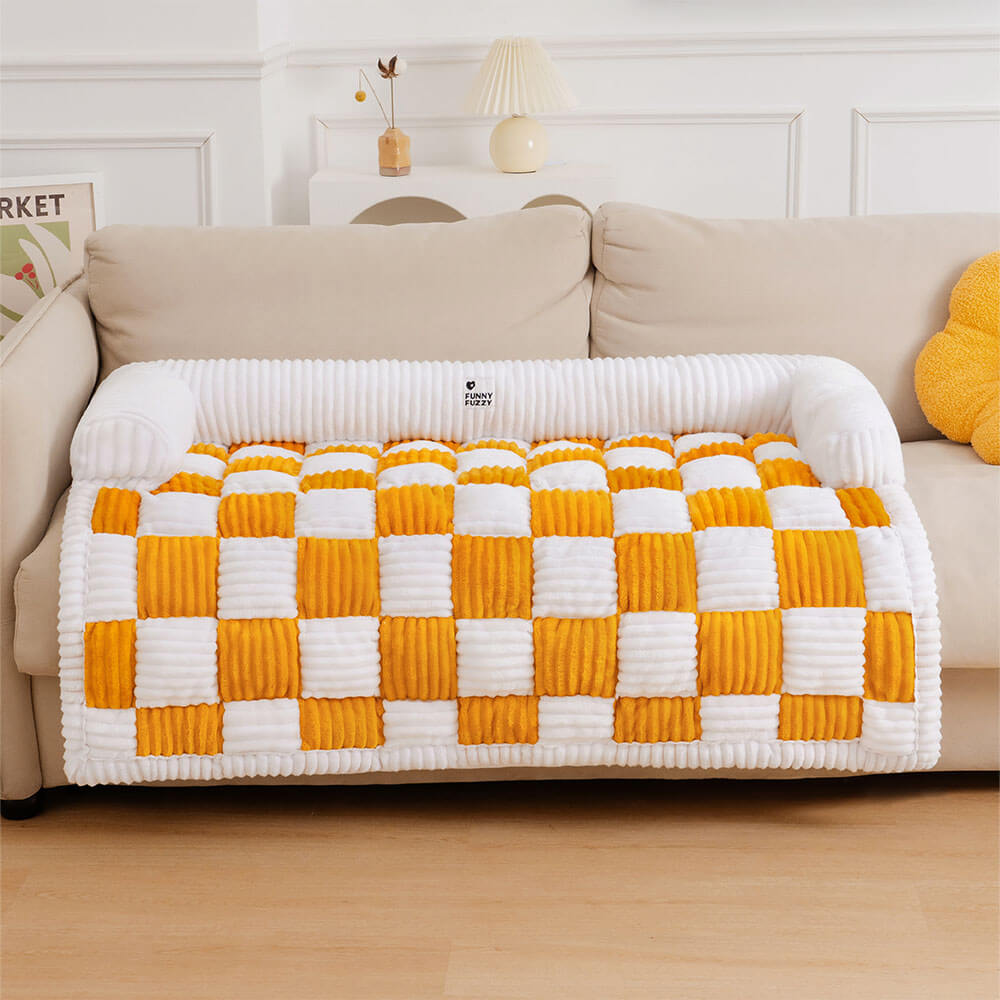 Cream Square Plaid Cozy Dog Mat Furniture Protector Cover