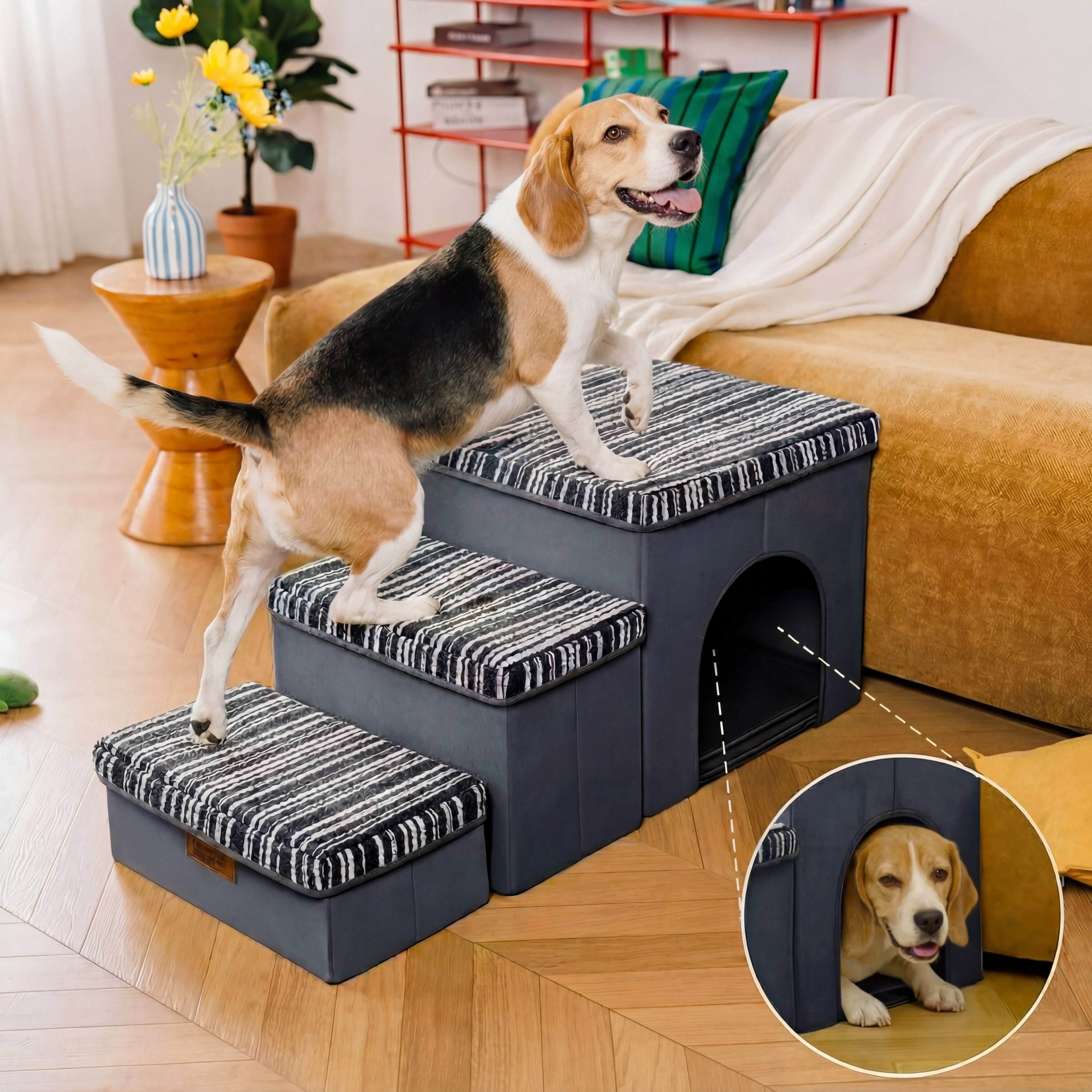 SnugNest Textured Stripe Dog Stairs with Storage