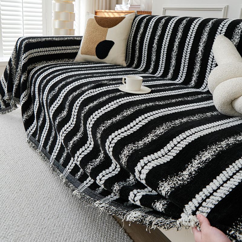 Decorative Stripe Tassel Chenille  Throw Couch Cover