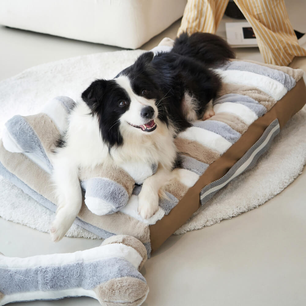 Deluxe Gestreiftes Plüsch-Beruhigungsbett Hundebett mit Kissen