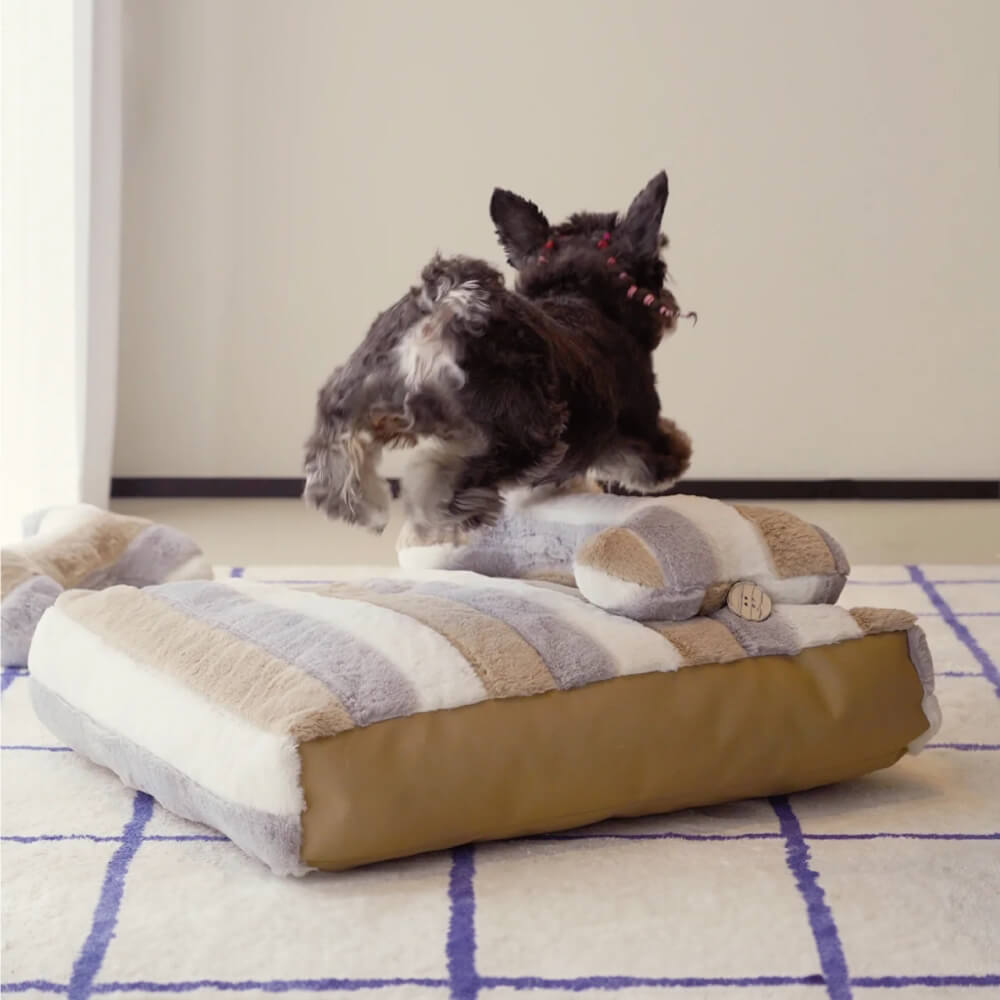 Deluxe gestreiftes Plüsch-Beruhigungsbett für Hunde mit Kissen