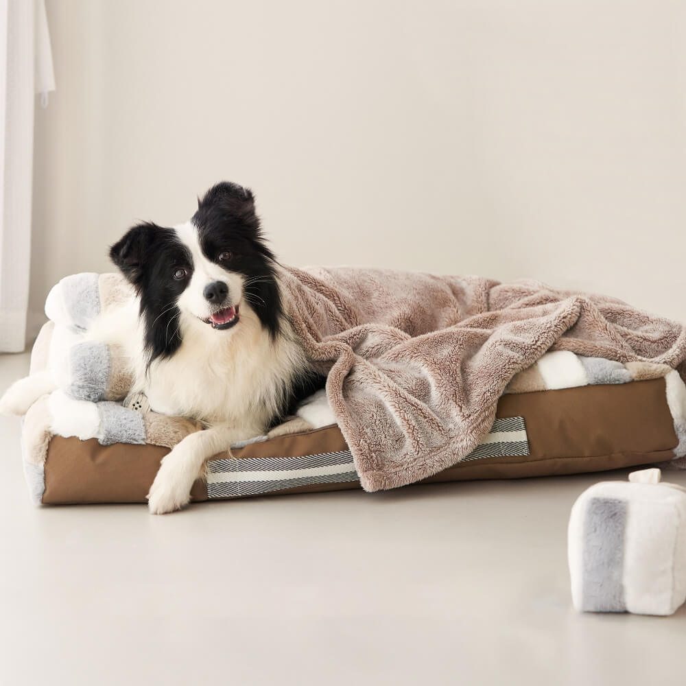Lit apaisant en peluche rayé de luxe Lit pour chien avec oreiller