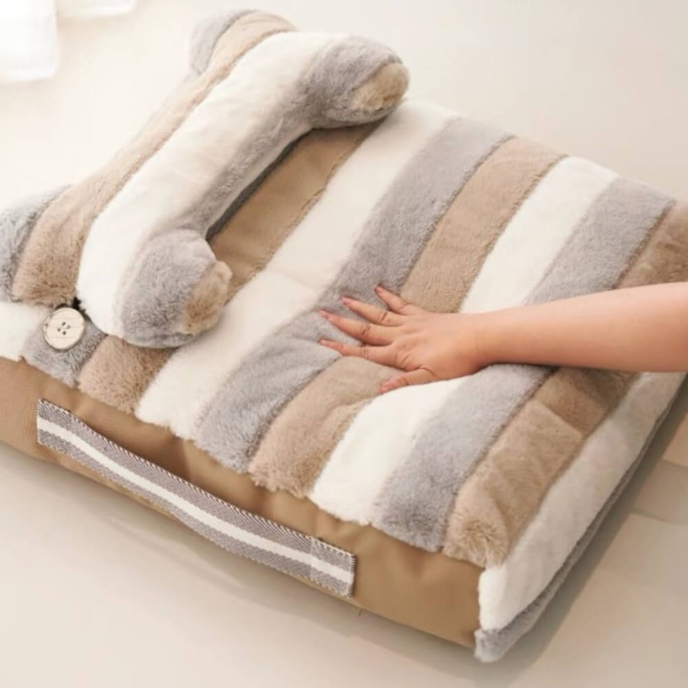 Deluxe Striped Plush Calming Bed Dog Bed with Pillow