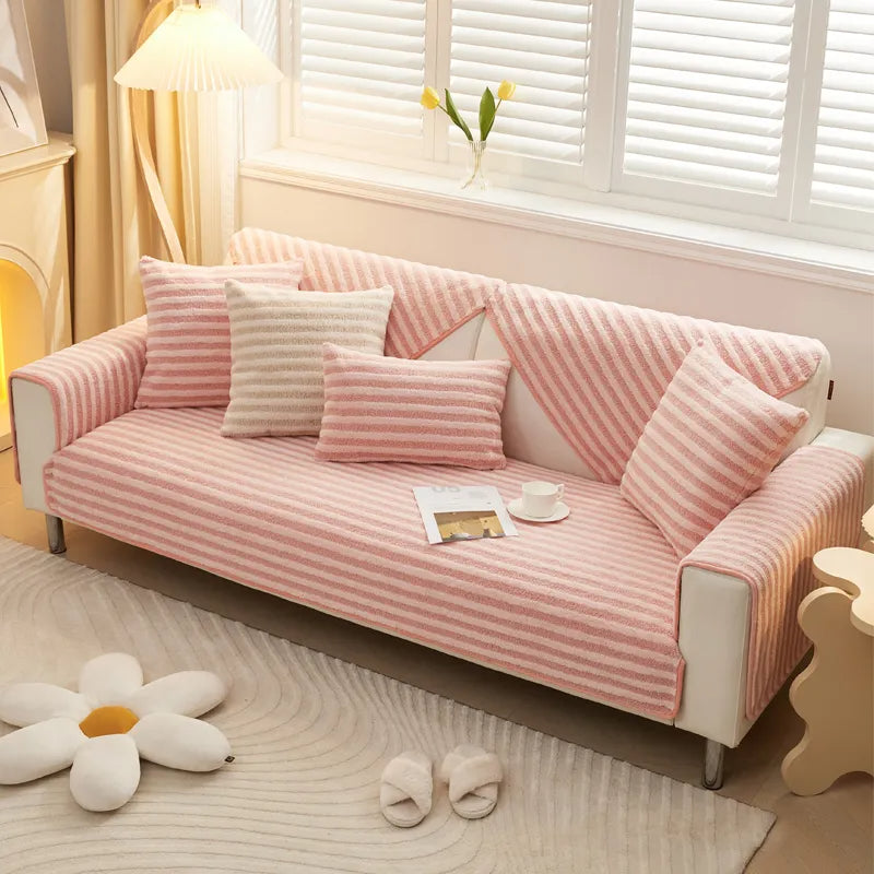 Capa de sofá antiderrapante listrada com conforto duplo e calor