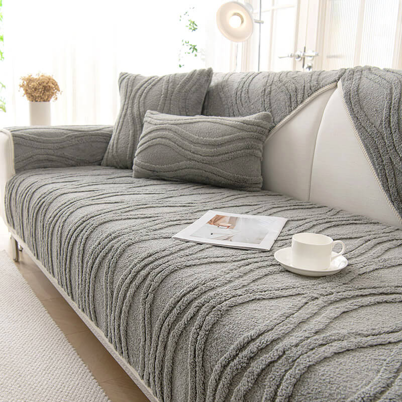 Elegant Grey Textured Non-Slip Thick Plush Couch Cover