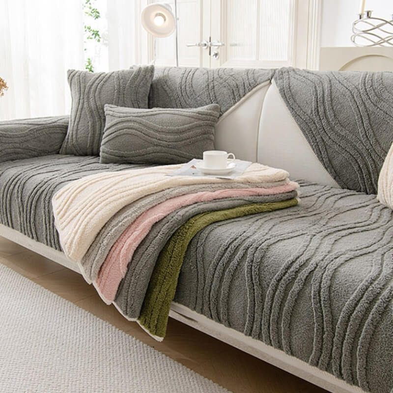 Eleganter, grauer, strukturierter, rutschfester, dicker Plüsch-Couchbezug