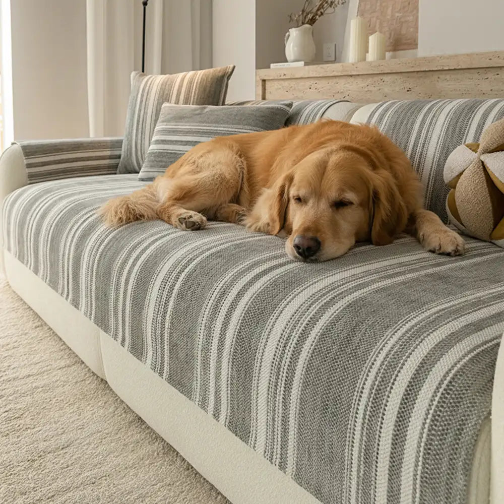 Natural Stripe Chenille Thickend Sofa Protection Washable Non-Slip Couch Cover