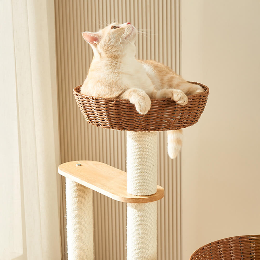 All-Season Natural Rattan Woven Cat Bed Solid Wood Large Cat Tree