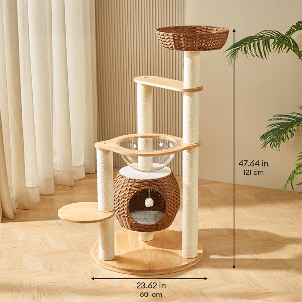 All-Season Natural Rattan Woven Cat Bed Solid Wood Large Cat Tree