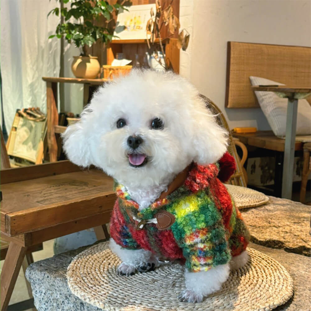 Weihnachtskarierter, warmer Woll-Hundemantel mit Bommel und Kapuze