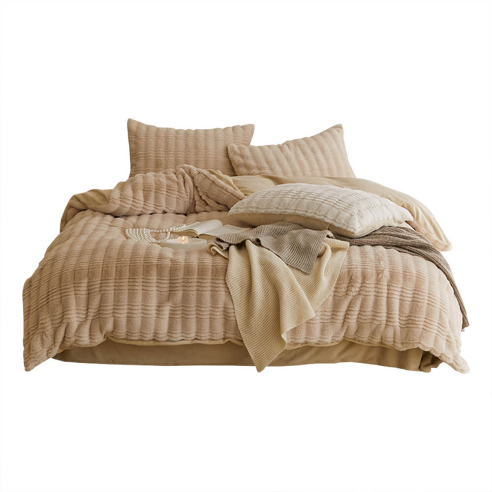 Creamy Striped Faux Rabbit Fur Warm Bed Sheet Set