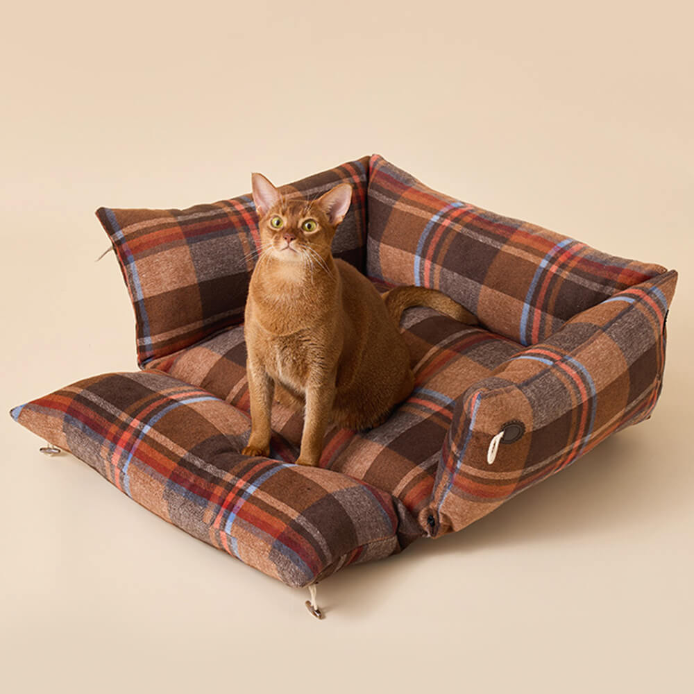 Plaid Expandable Soft Reversible With Horn Button Dog & Cat Bed