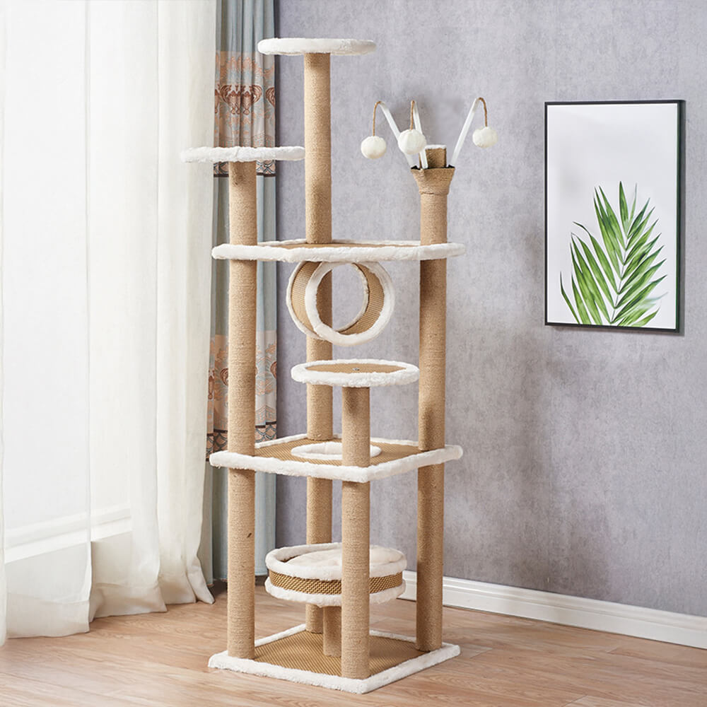 Breathable Rattan-Weave Sisal Multi-Level Cat Tree with Cozy Bed ...