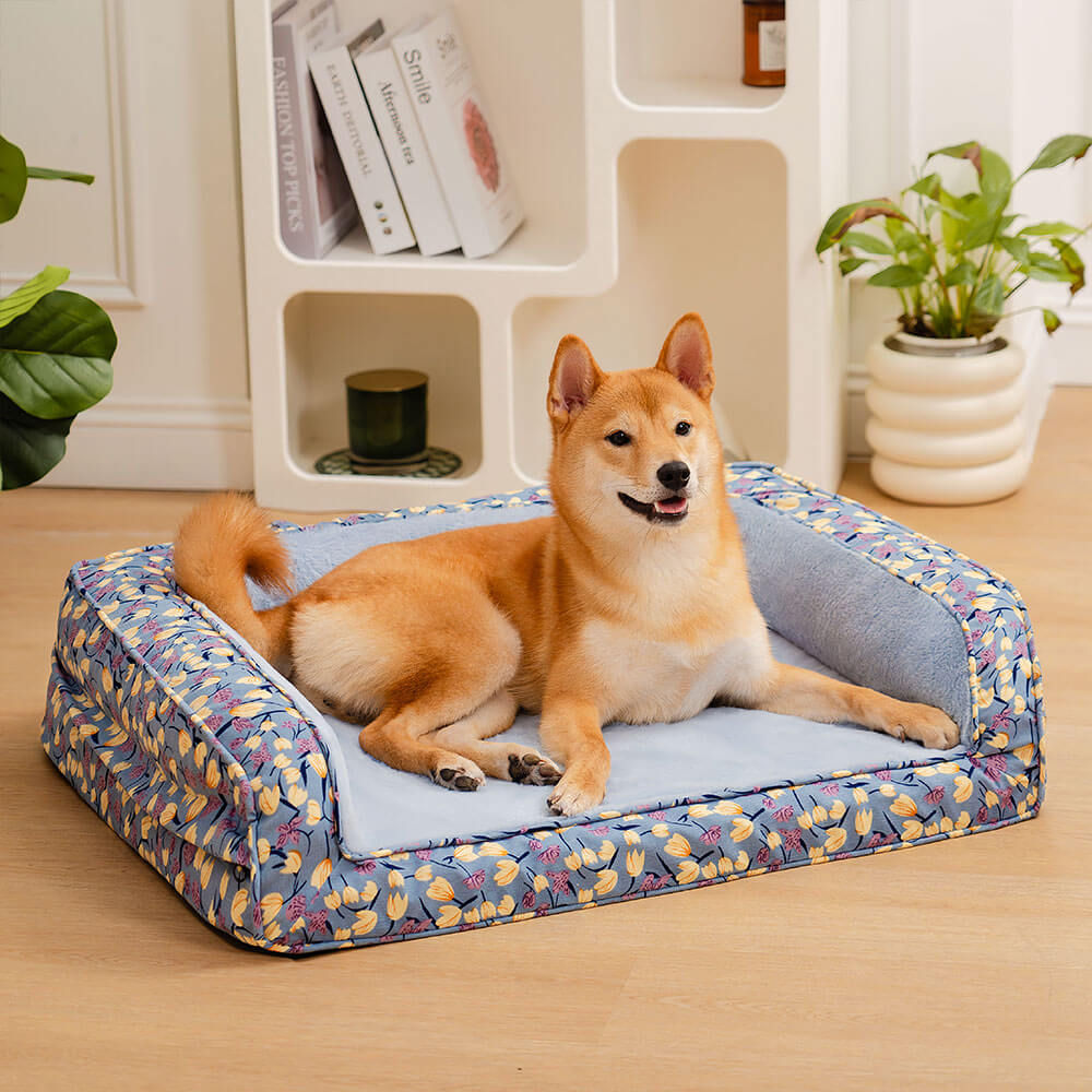 Canapé-lit orthopédique pour chien à soutien complet en velours de jardin romantique