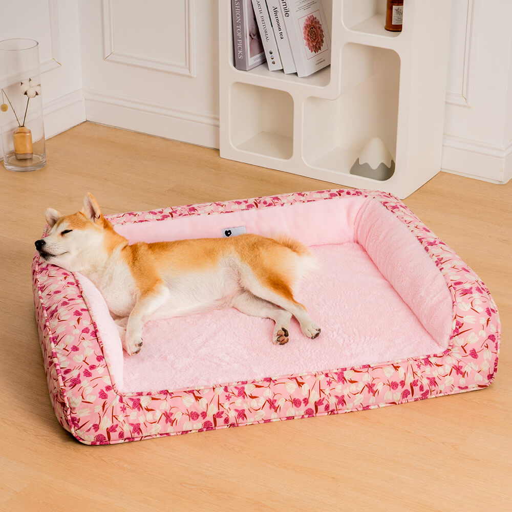 Sofá-cama ortopédico para cães com suporte total de veludo para jardim romântico