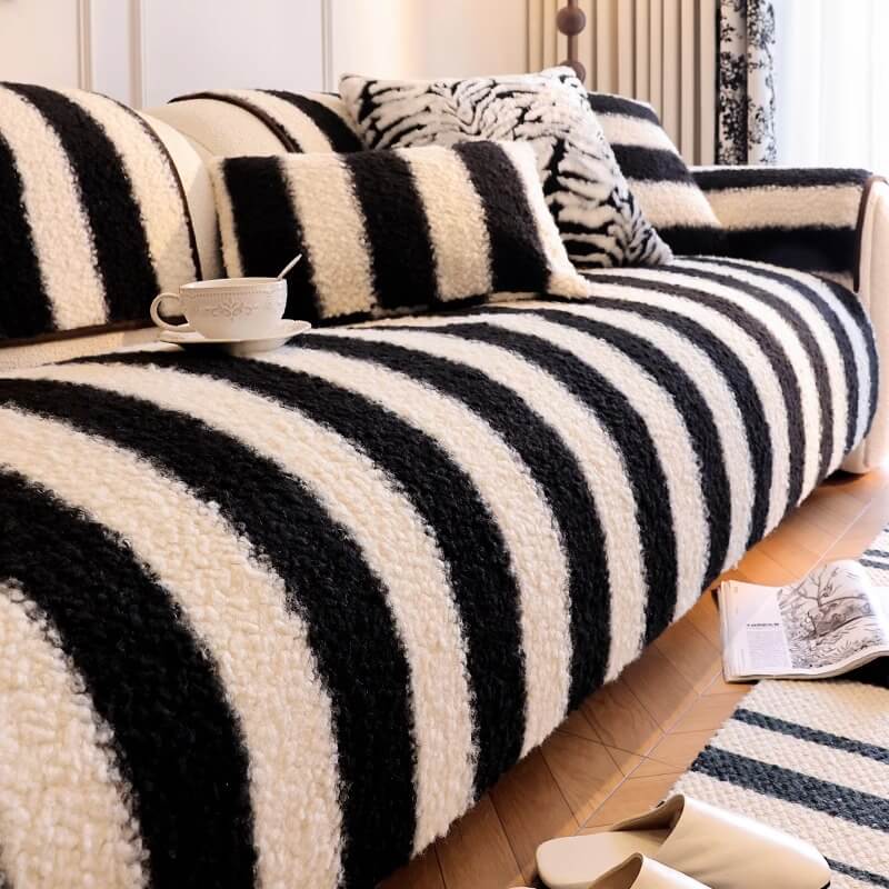 Faux Lambswool Striped Colorblock Non-Slip Couch Cover