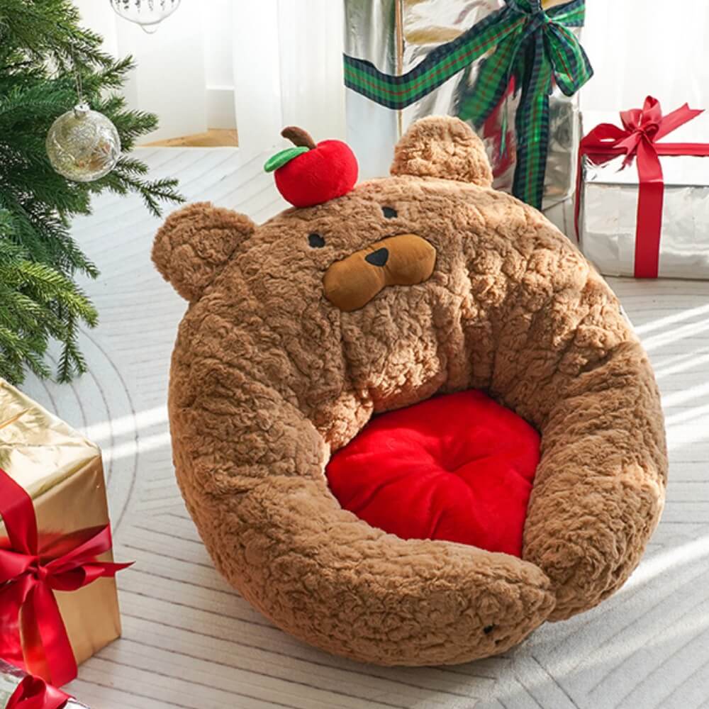 Festive Adorable Apple-Shaped Plush Cat Bed